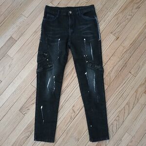 Men's Black Stretch Denim Jeans Zip Pockets Painted Drip Splash Hip Hop 30Wx28L